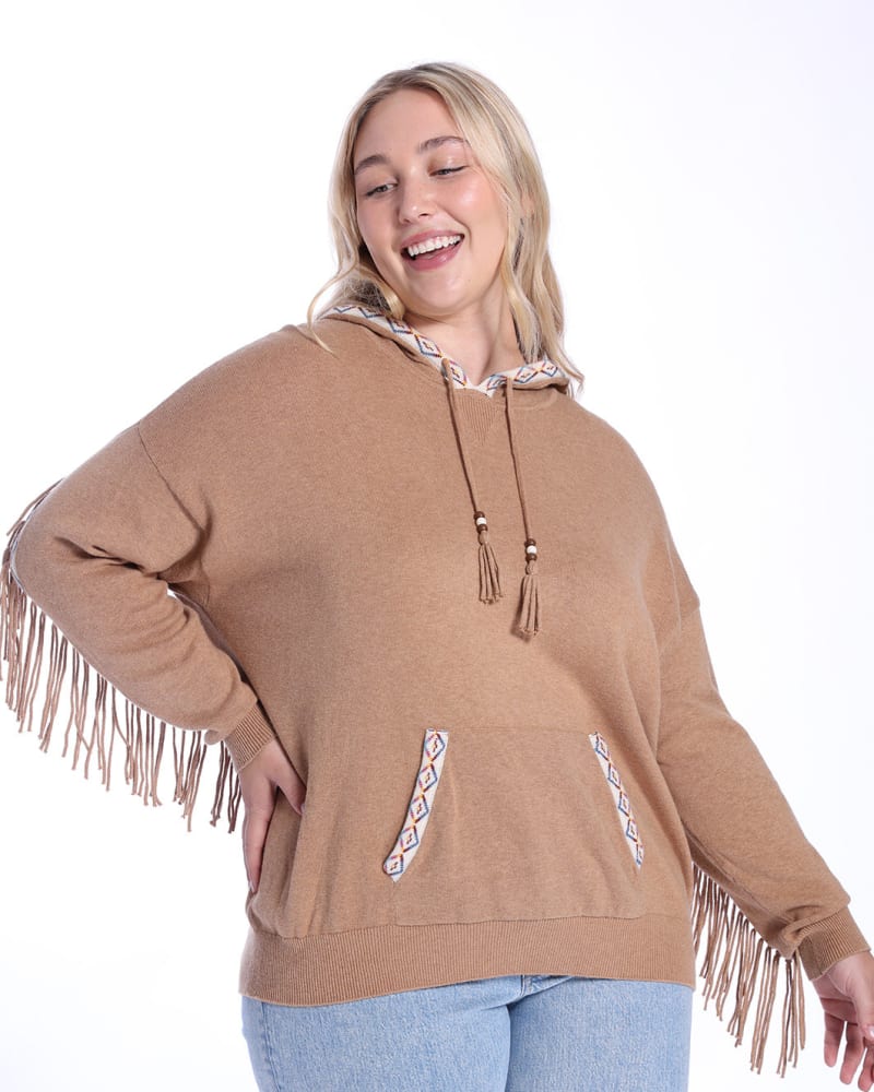 Front of a model wearing a size 1X Cotton Cashmere Embroidered Fringe Hoodie in Camel by Minnie Rose. | dia_product_style_image_id:325051